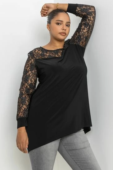 Roman Black Curve Metallic Lace Yoke Top 7 Roman Black Curve Metallic Lace Yoke Top - Image 5