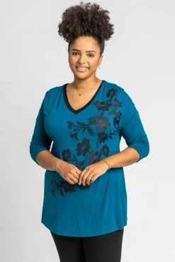 Roman Blue Curve Floral Embellished Jersey Top