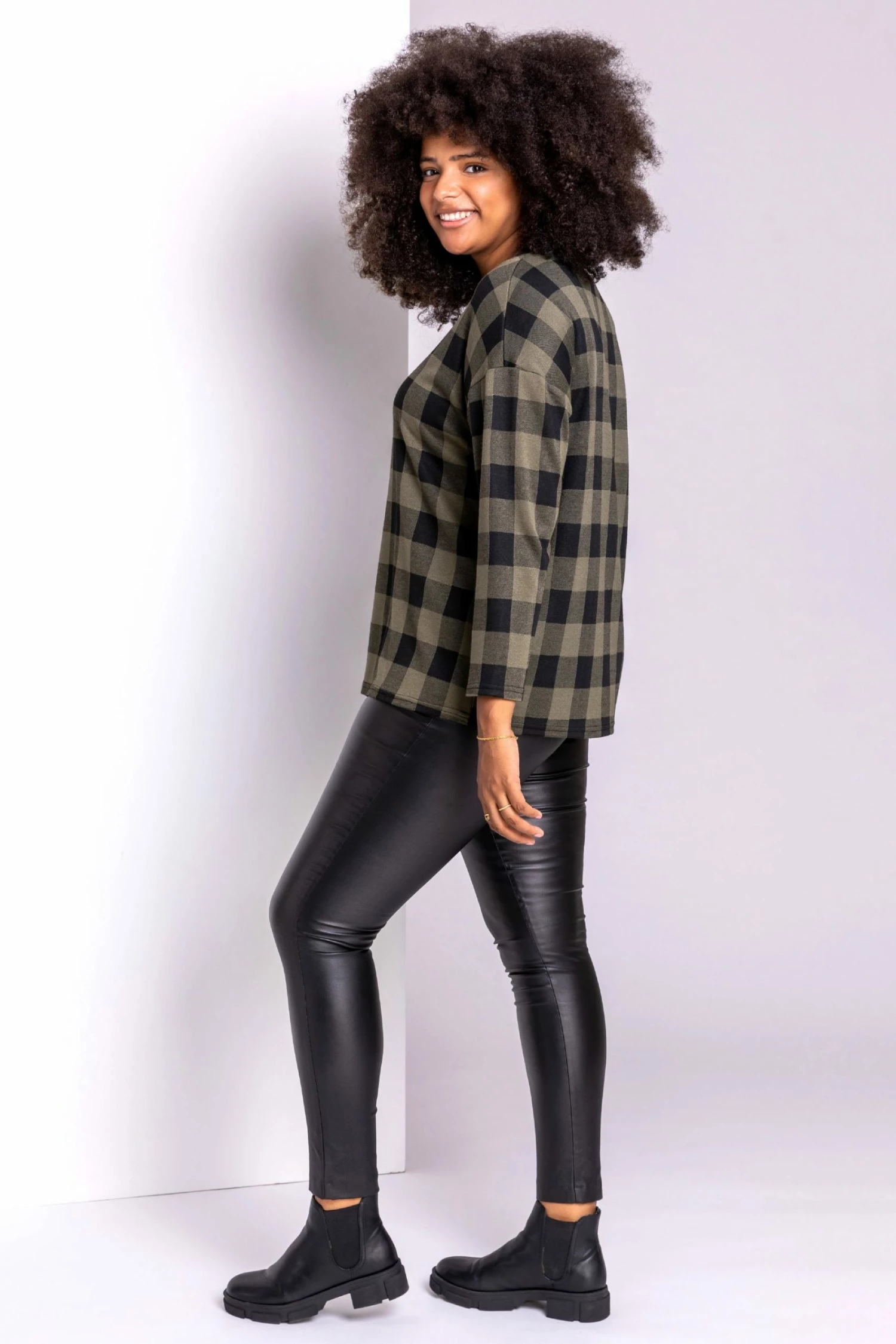 Roman Green Curve Check Print Long Sleeve Top 5 Roman Green Curve Check Print Long Sleeve Top - Image 3