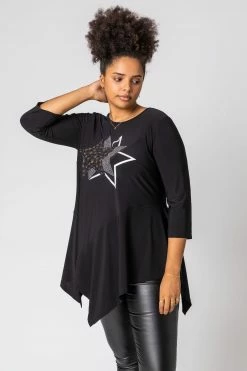 Roman Black Curve Star Print Hanky Hem Top