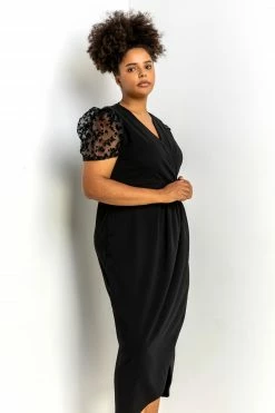 Roman Black Curve Flocked Sleeve Detail Dress
