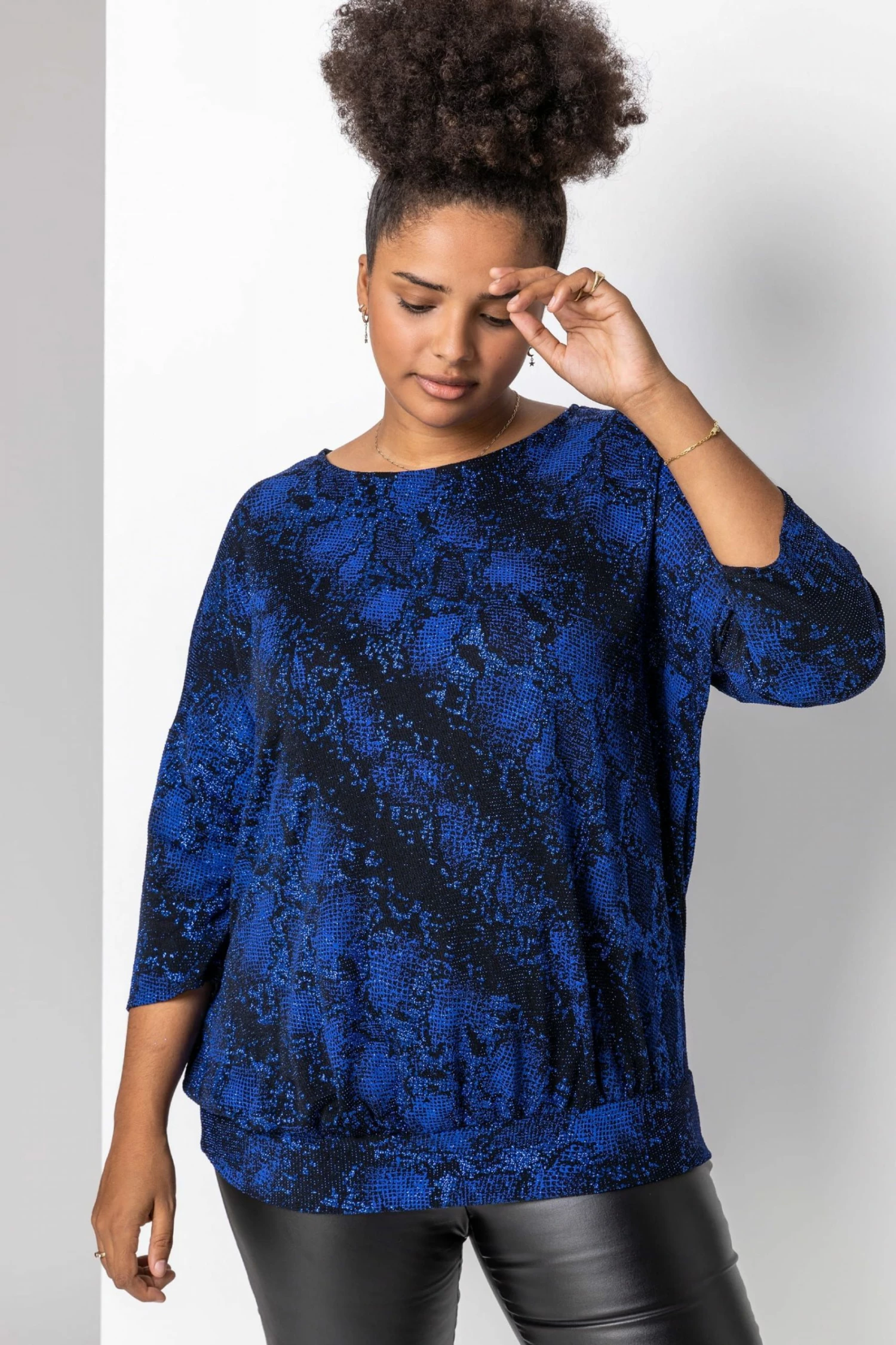 Roman Blue Curve Batwing Sparkle Snake Print Top 3 Roman Blue Curve Batwing Sparkle Snake Print Top