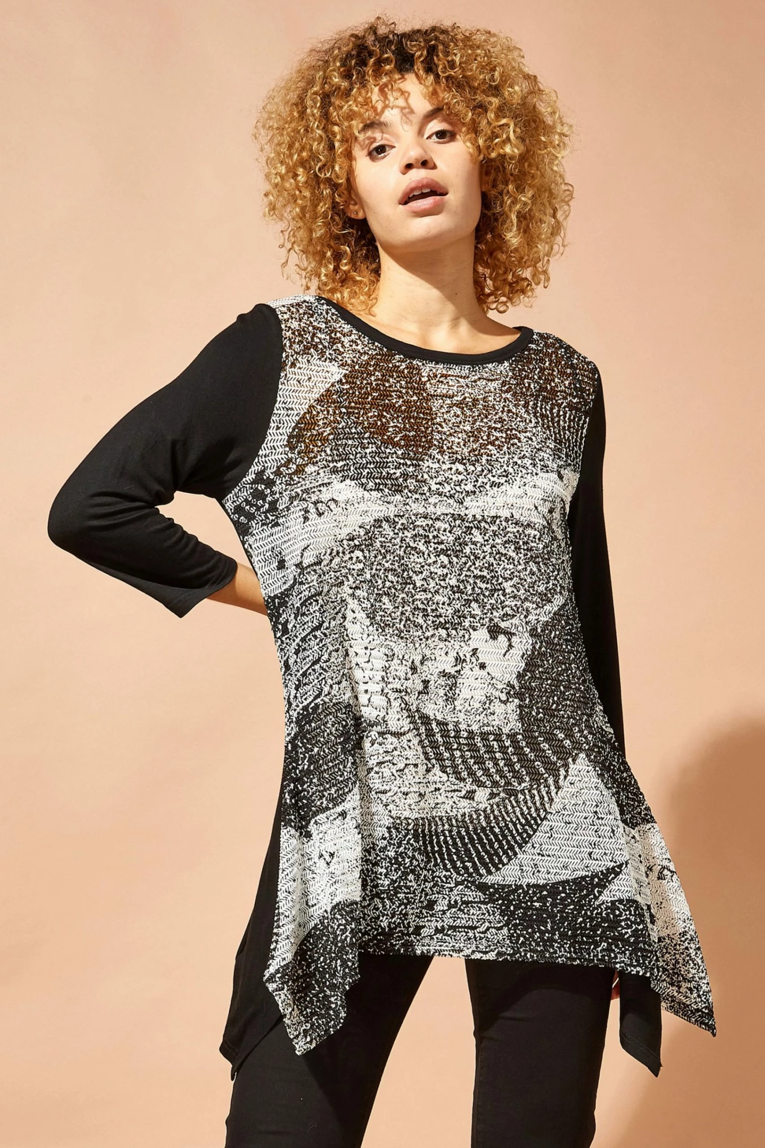 Roman Black Abstract Print Hanky Hem Top 3 Roman Black Abstract Print Hanky Hem Top