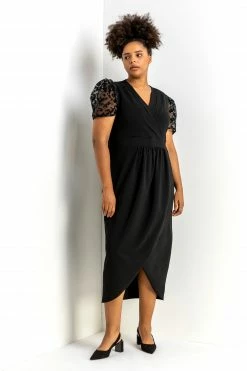 Roman Black Curve Flocked Sleeve Detail Dress -Roman Sales Shop unnamed file 878