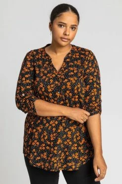 Roman Orange Curve Ditsy Floral Print Top -Roman Sales Shop unnamed file 8783