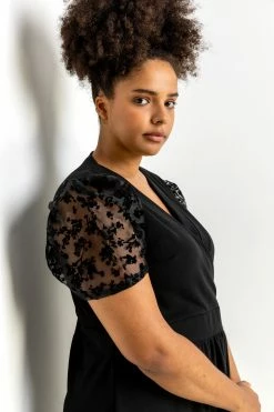 Roman Black Curve Flocked Sleeve Detail Dress -Roman Sales Shop unnamed file 879