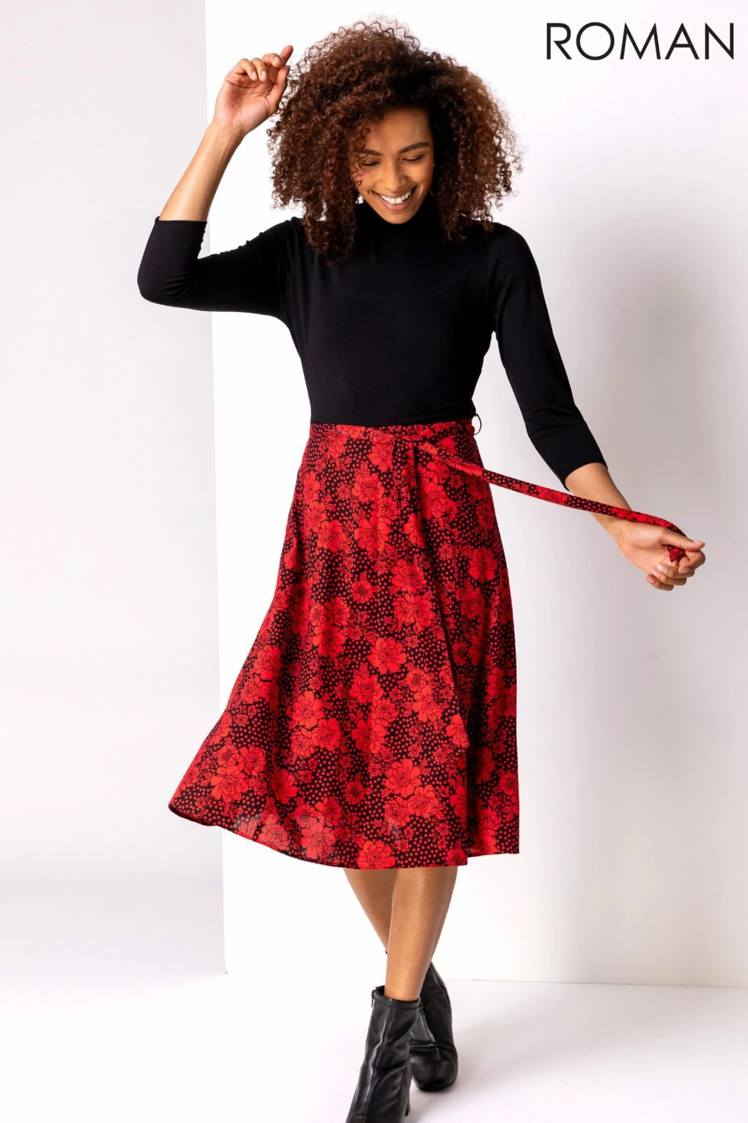 Roman Red Floral Print Fit And Flare Dress 3 Roman Red Floral Print Fit And Flare Dress