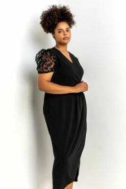 Roman Black Curve Flocked Sleeve Detail Dress -Roman Sales Shop unnamed file 880