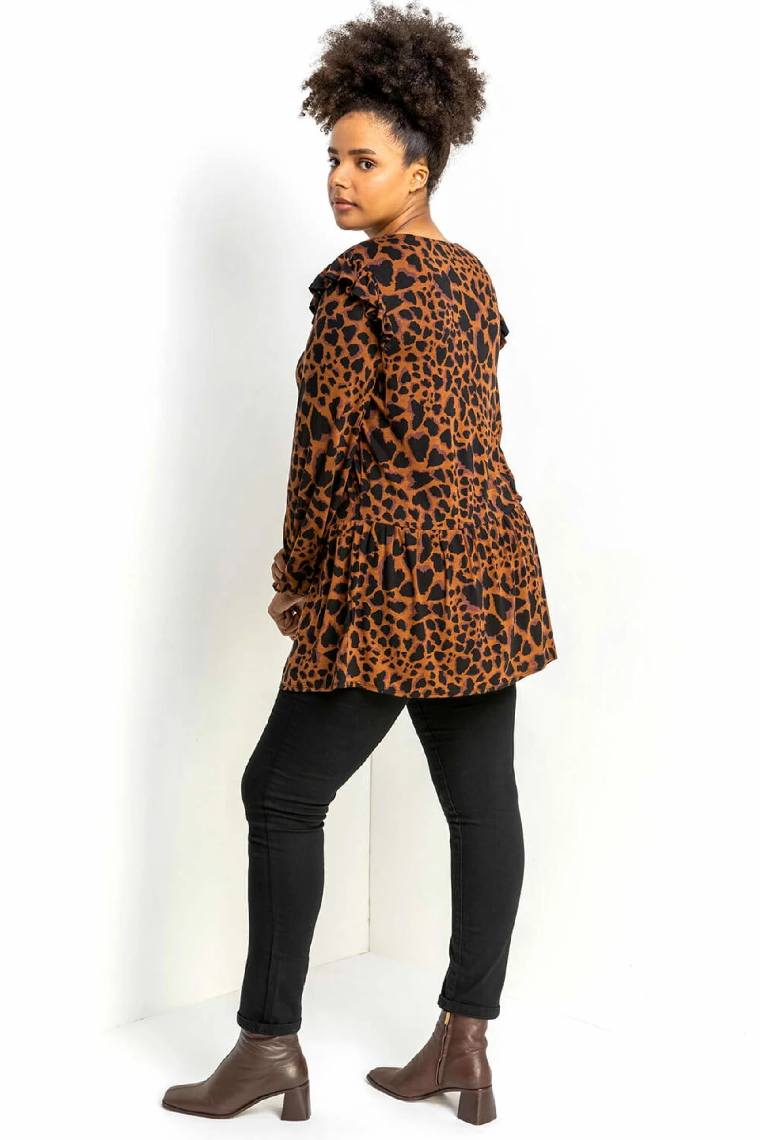 Roman Brown Curve Animal Print Frill Detail Tunic 4 Roman Brown Curve Animal Print Frill Detail Tunic - Image 2