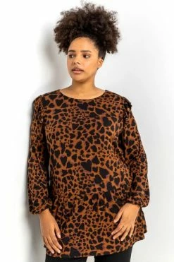 Roman Brown Curve Animal Print Frill Detail Tunic 11 Roman Brown Curve Animal Print Frill Detail Tunic -Roman Sales Shop unnamed file 8805