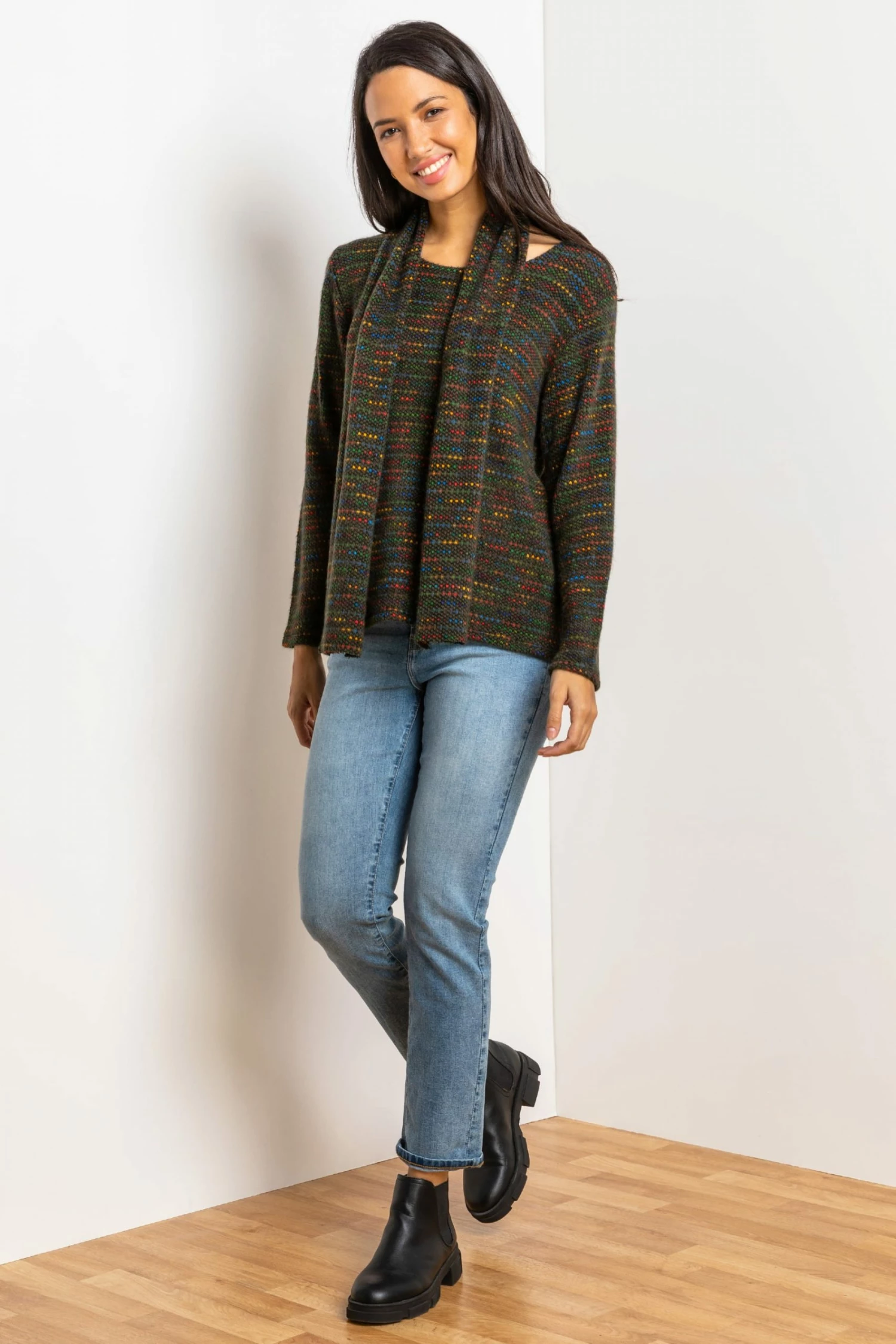 Roman Green Textured Yarn Top With Scarf 4 Roman Green Textured Yarn Top With Scarf - Image 2