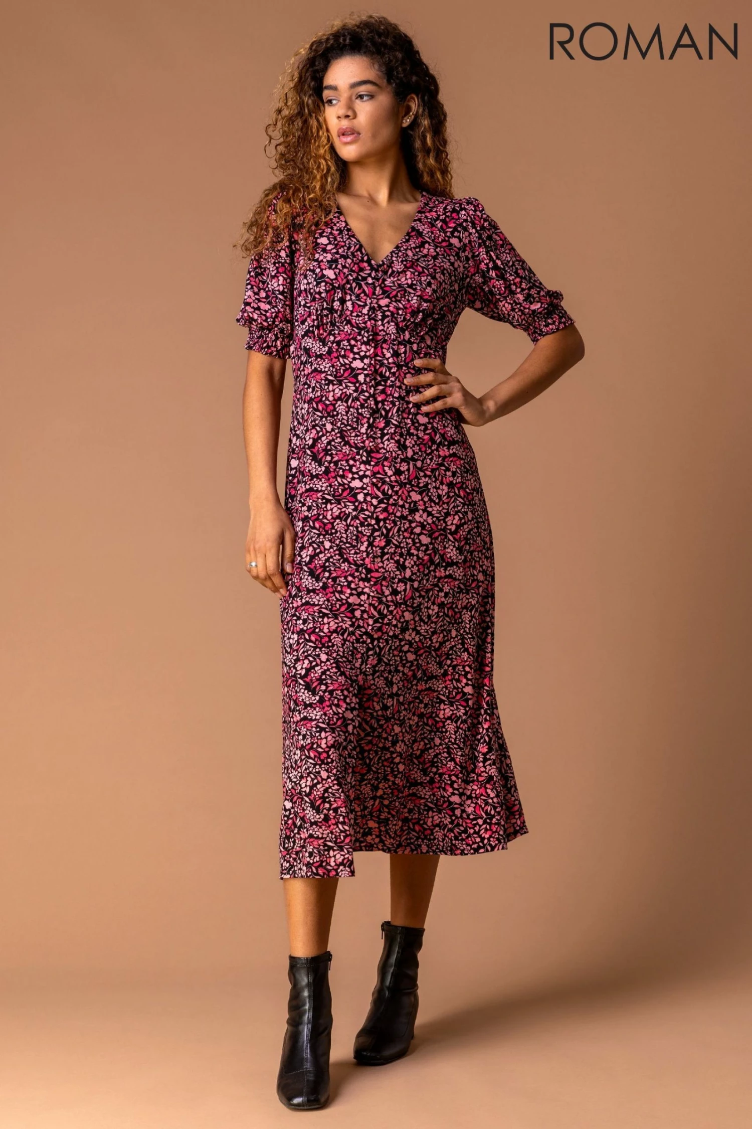 Roman Pink Floral Print Puff Sleeve Midi Dress 3 Roman Pink Floral Print Puff Sleeve Midi Dress