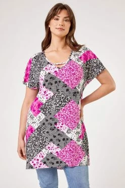 Roman Pink Curve Patchwork Print Cross Detail Tunic Top