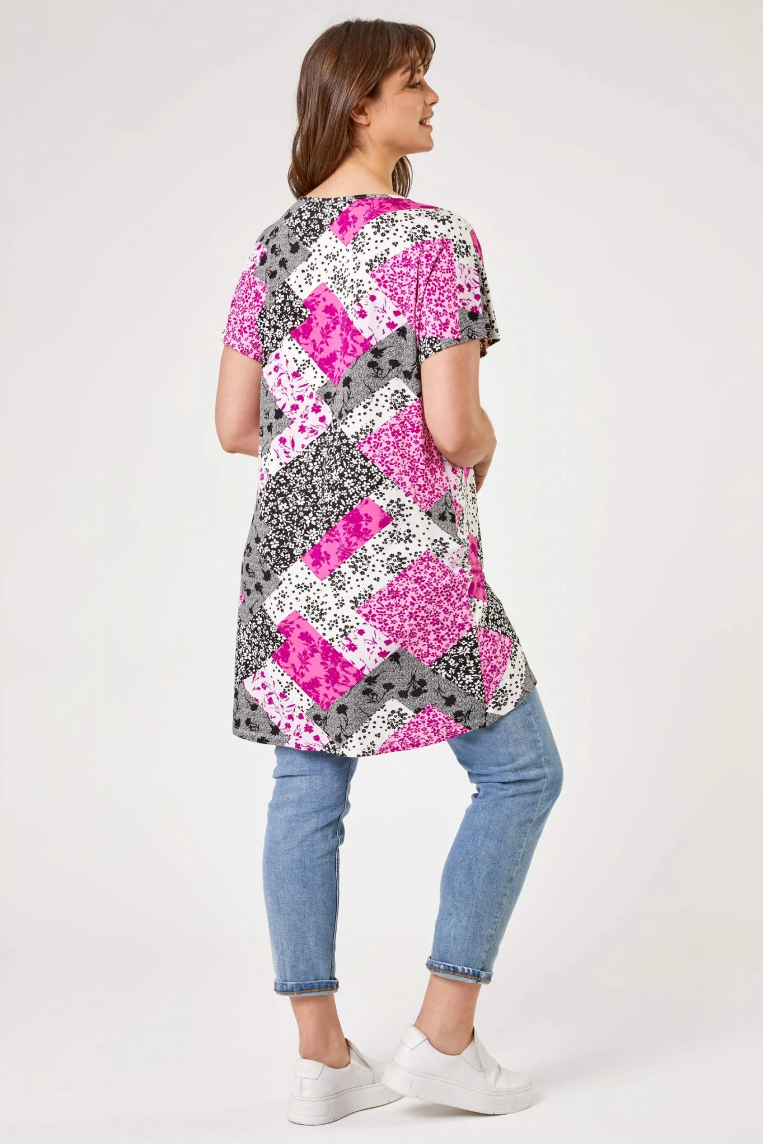 Roman Pink Curve Patchwork Print Cross Detail Tunic Top 4 Roman Pink Curve Patchwork Print Cross Detail Tunic Top - Image 2