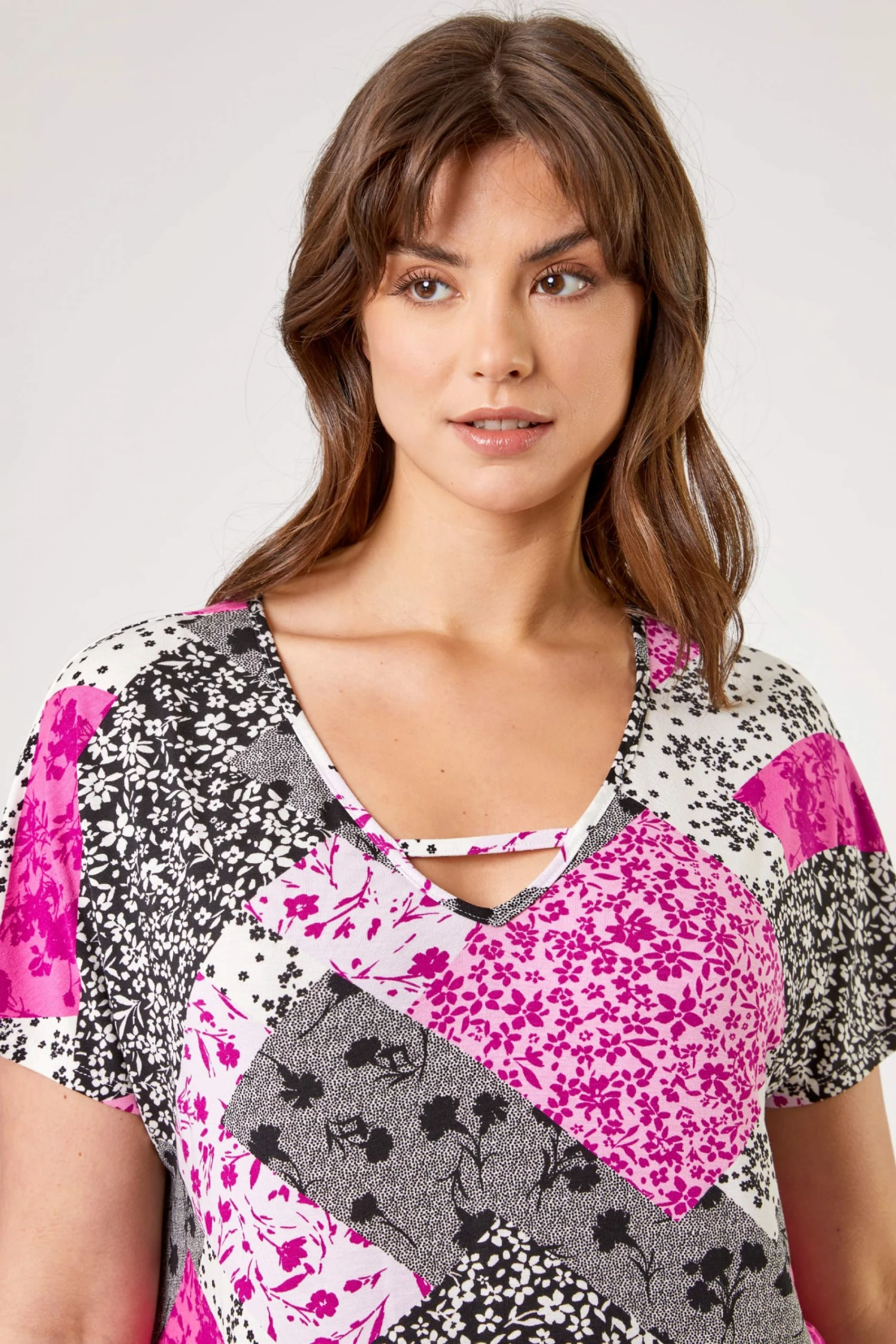 Roman Pink Curve Patchwork Print Cross Detail Tunic Top 5 Roman Pink Curve Patchwork Print Cross Detail Tunic Top - Image 3
