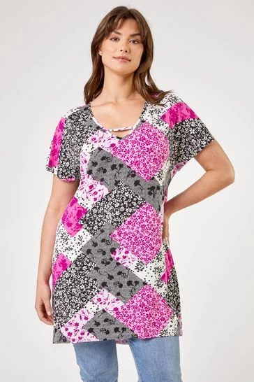 Roman Pink Curve Patchwork Print Cross Detail Tunic Top 7 Roman Pink Curve Patchwork Print Cross Detail Tunic Top - Image 5