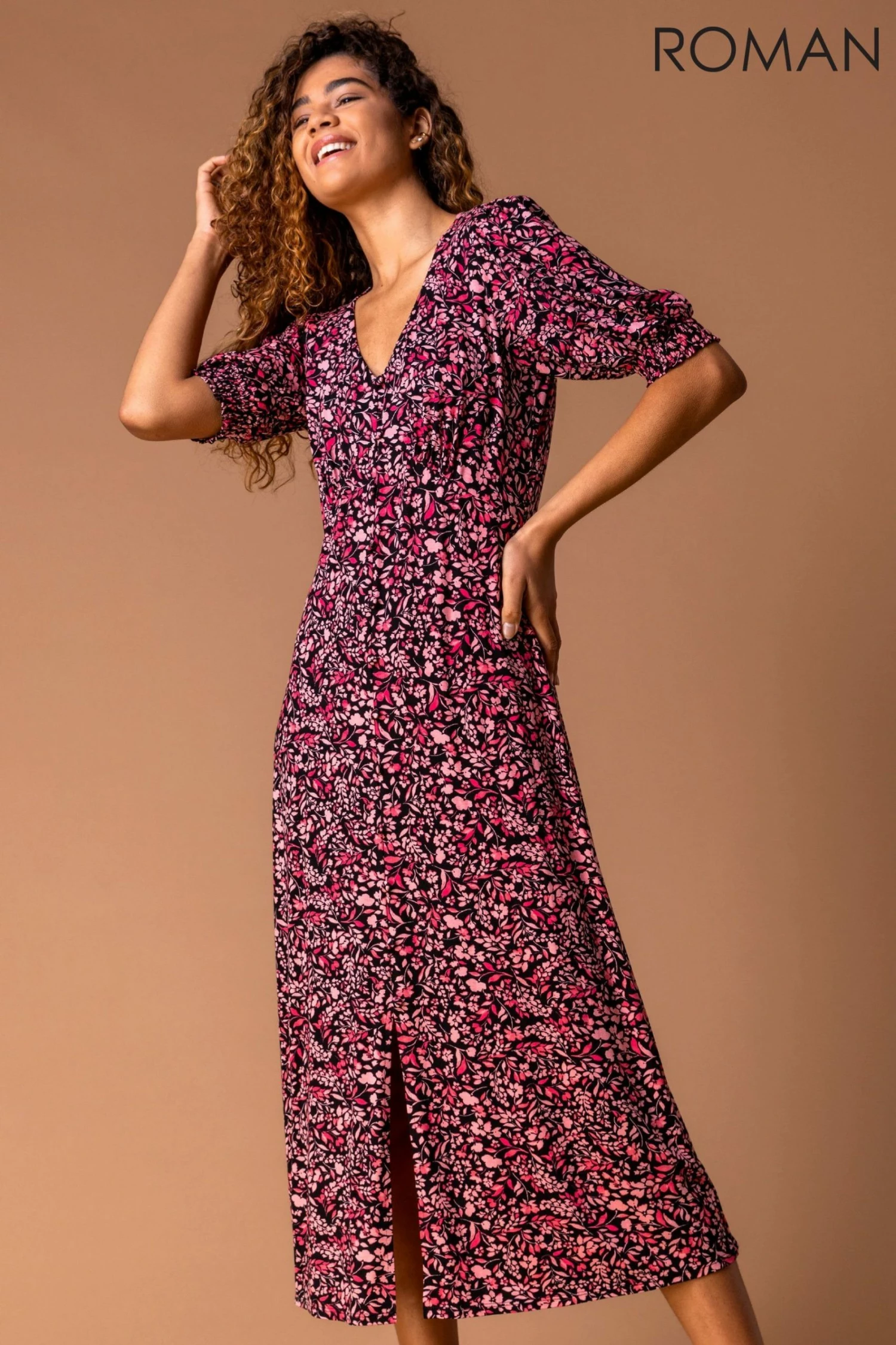 Roman Pink Floral Print Puff Sleeve Midi Dress 5 Roman Pink Floral Print Puff Sleeve Midi Dress - Image 3