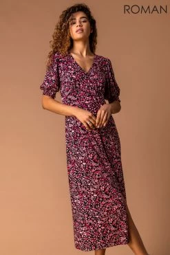 Roman Pink Floral Print Puff Sleeve Midi Dress 10 Roman Pink Floral Print Puff Sleeve Midi Dress -Roman Sales Shop unnamed file 884