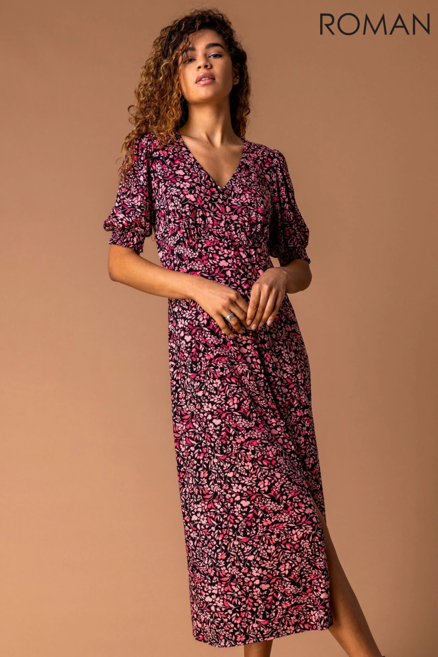 Roman Pink Floral Print Puff Sleeve Midi Dress 6 Roman Pink Floral Print Puff Sleeve Midi Dress - Image 4