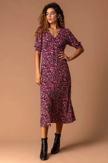 Roman Pink Floral Print Puff Sleeve Midi Dress 7 Roman Pink Floral Print Puff Sleeve Midi Dress - Image 5