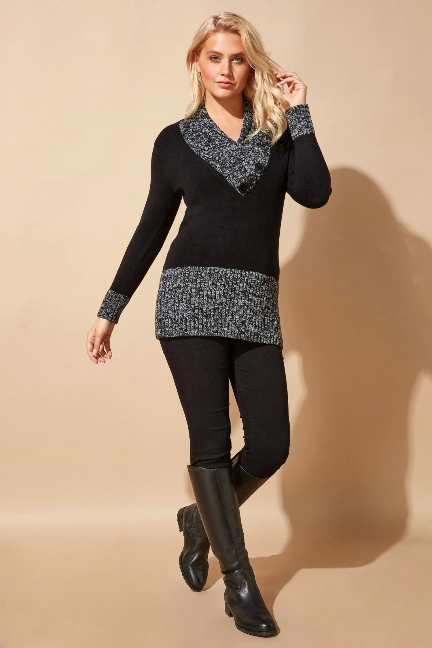 Roman Black V Neck Overlap Button Detail Jumper 4 Roman Black V Neck Overlap Button Detail Jumper - Image 2