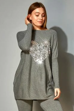 Roman Grey Sequin Heart Lounge Tunic Jumper