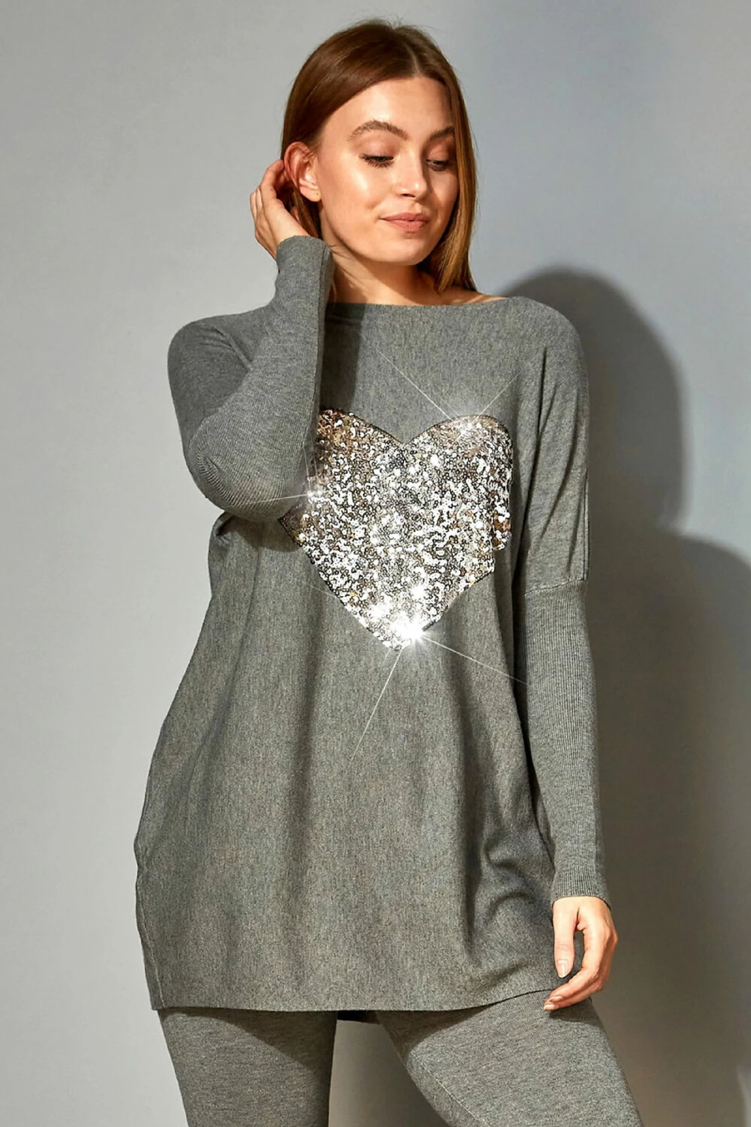 Roman Grey Sequin Heart Lounge Tunic Jumper 3 Roman Grey Sequin Heart Lounge Tunic Jumper