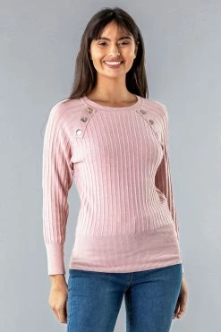 Roman Pink Button Detail Ribbed Jumper