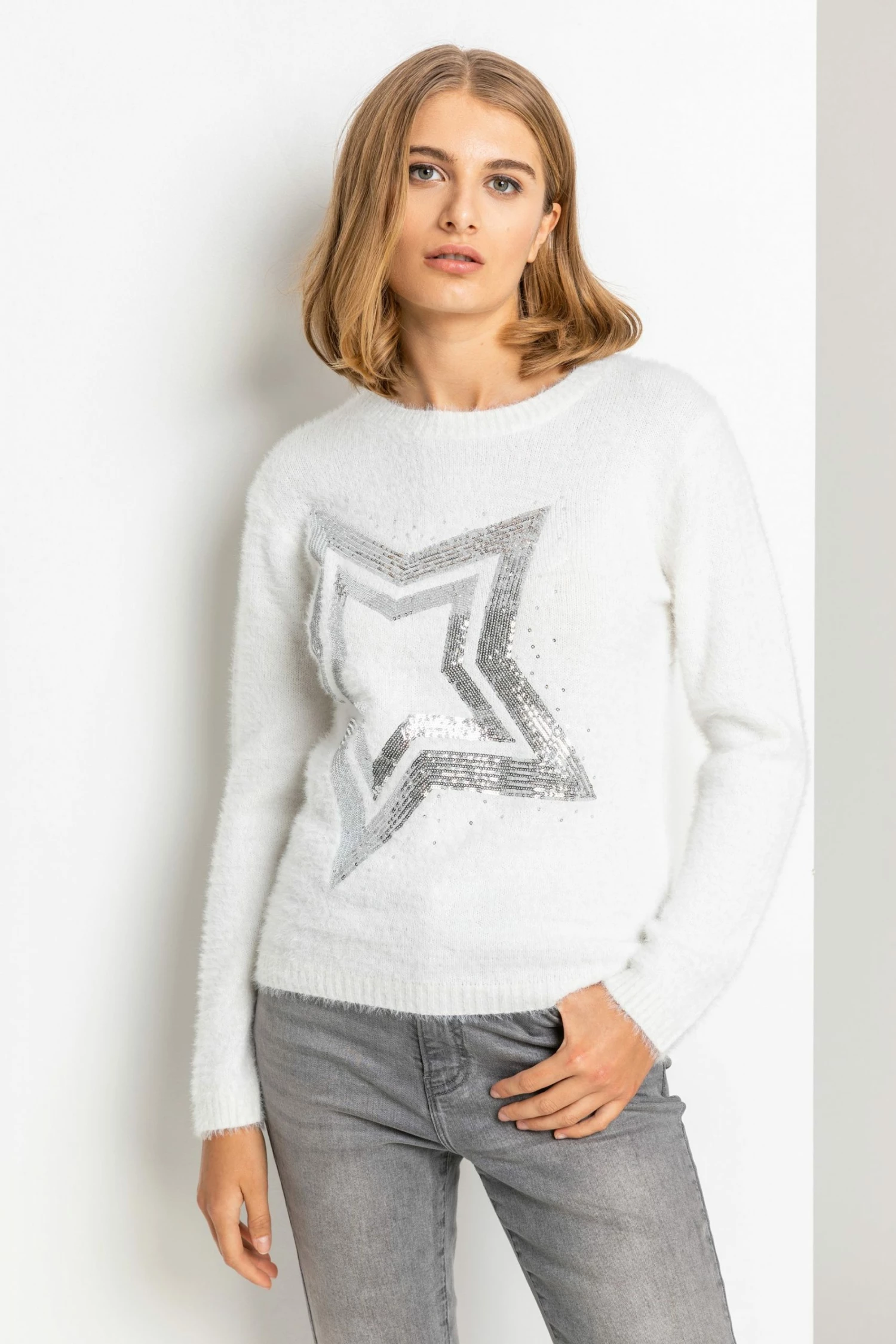 Roman White Sequin Star Crew Neck Jumper 3 Roman White Sequin Star Crew Neck Jumper