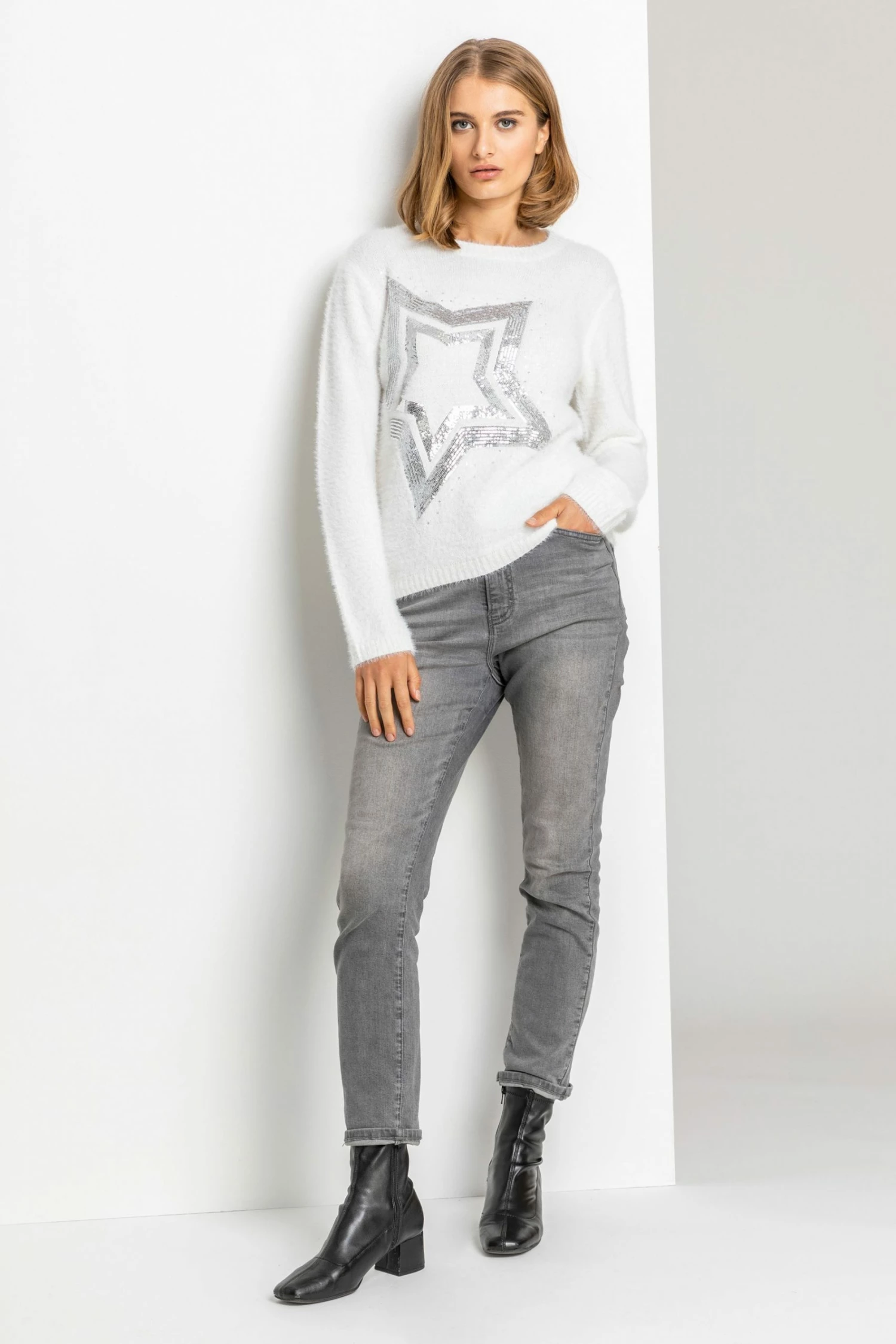 Roman White Sequin Star Crew Neck Jumper 4 Roman White Sequin Star Crew Neck Jumper - Image 2