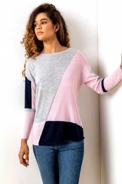 Roman Pink Colour Block Round Neck Jumper