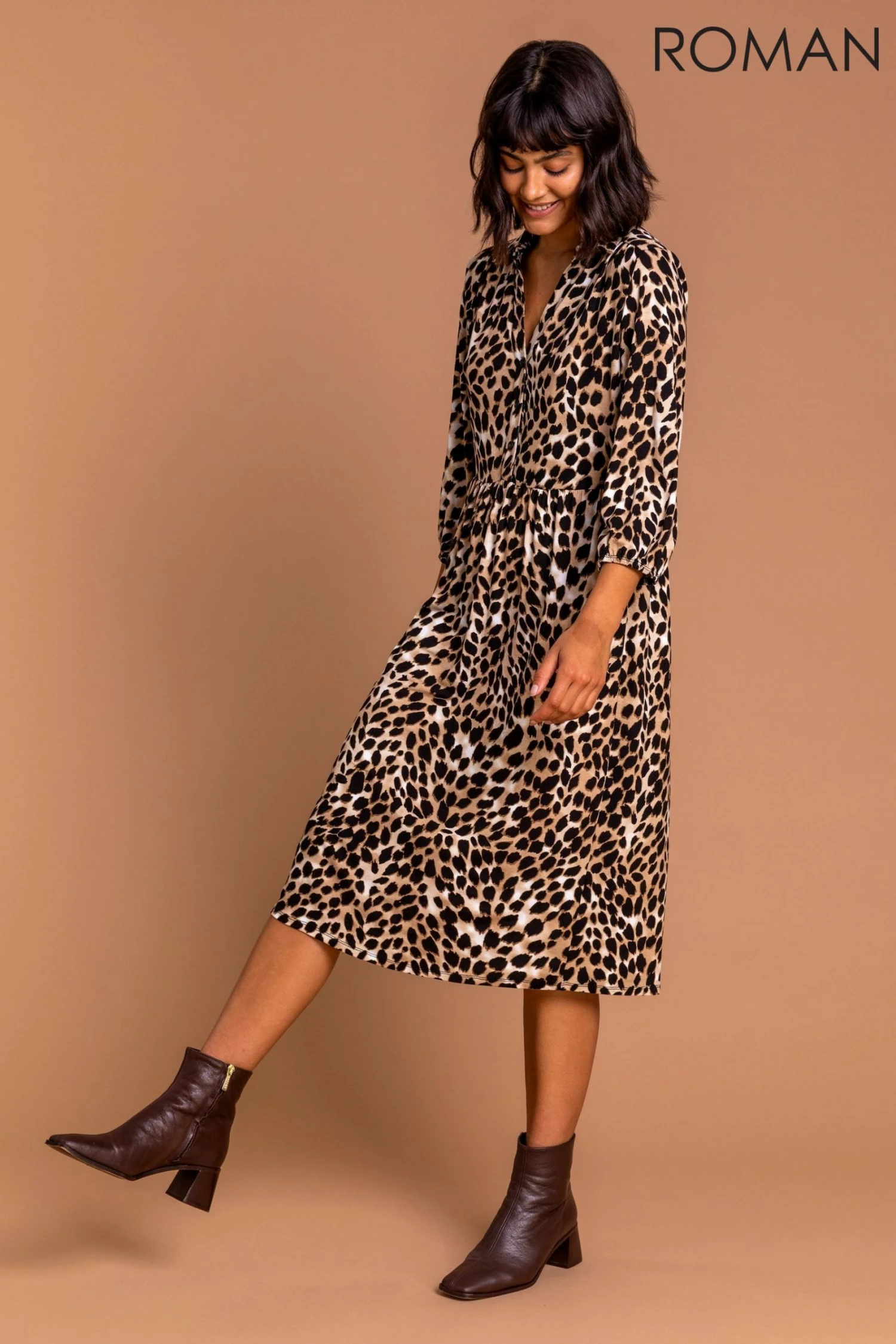 Roman Brown Animal Print Midi Shirt Dress 3 Roman Brown Animal Print Midi Shirt Dress