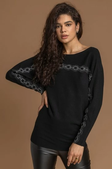 Roman Black Chain Print Sparkle Emebllished Jumper 7 Roman Black Chain Print Sparkle Emebllished Jumper - Image 5
