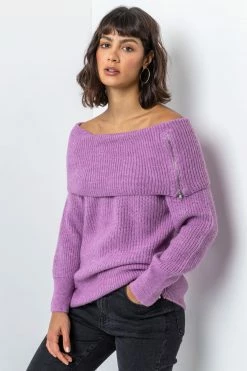 Roman Purple Ribbed Bardot Zip Neck Jumper