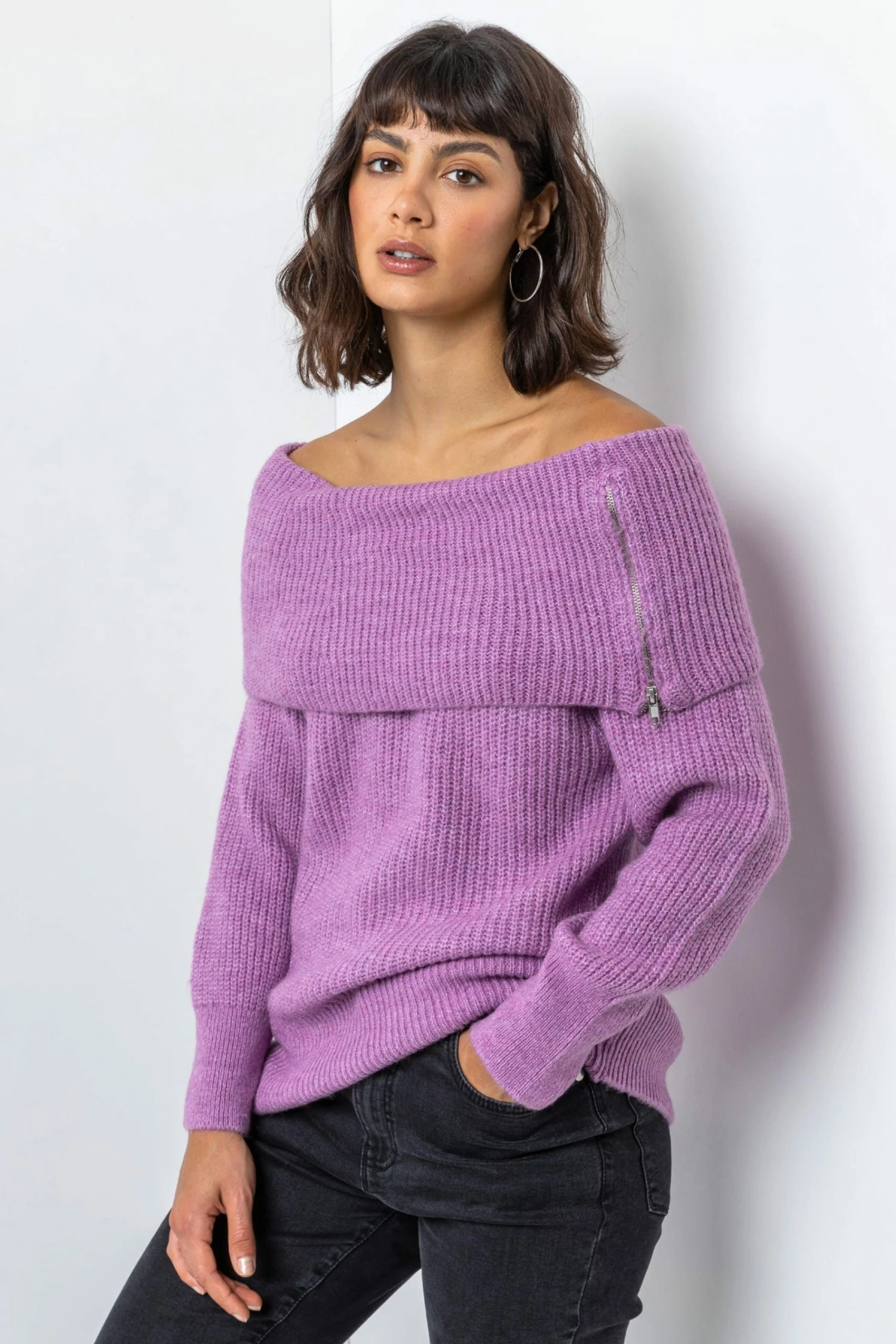 Roman Purple Ribbed Bardot Zip Neck Jumper 3 Roman Purple Ribbed Bardot Zip Neck Jumper