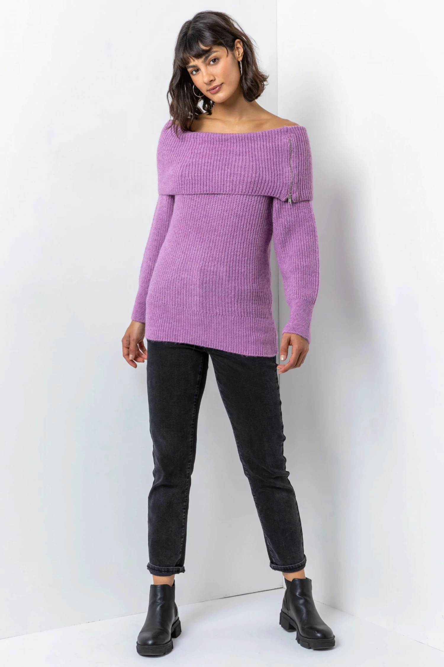 Roman Purple Ribbed Bardot Zip Neck Jumper 4 Roman Purple Ribbed Bardot Zip Neck Jumper - Image 2
