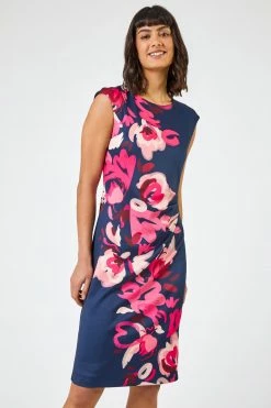 Roman Blue Floral Print Fitted Scuba Dress