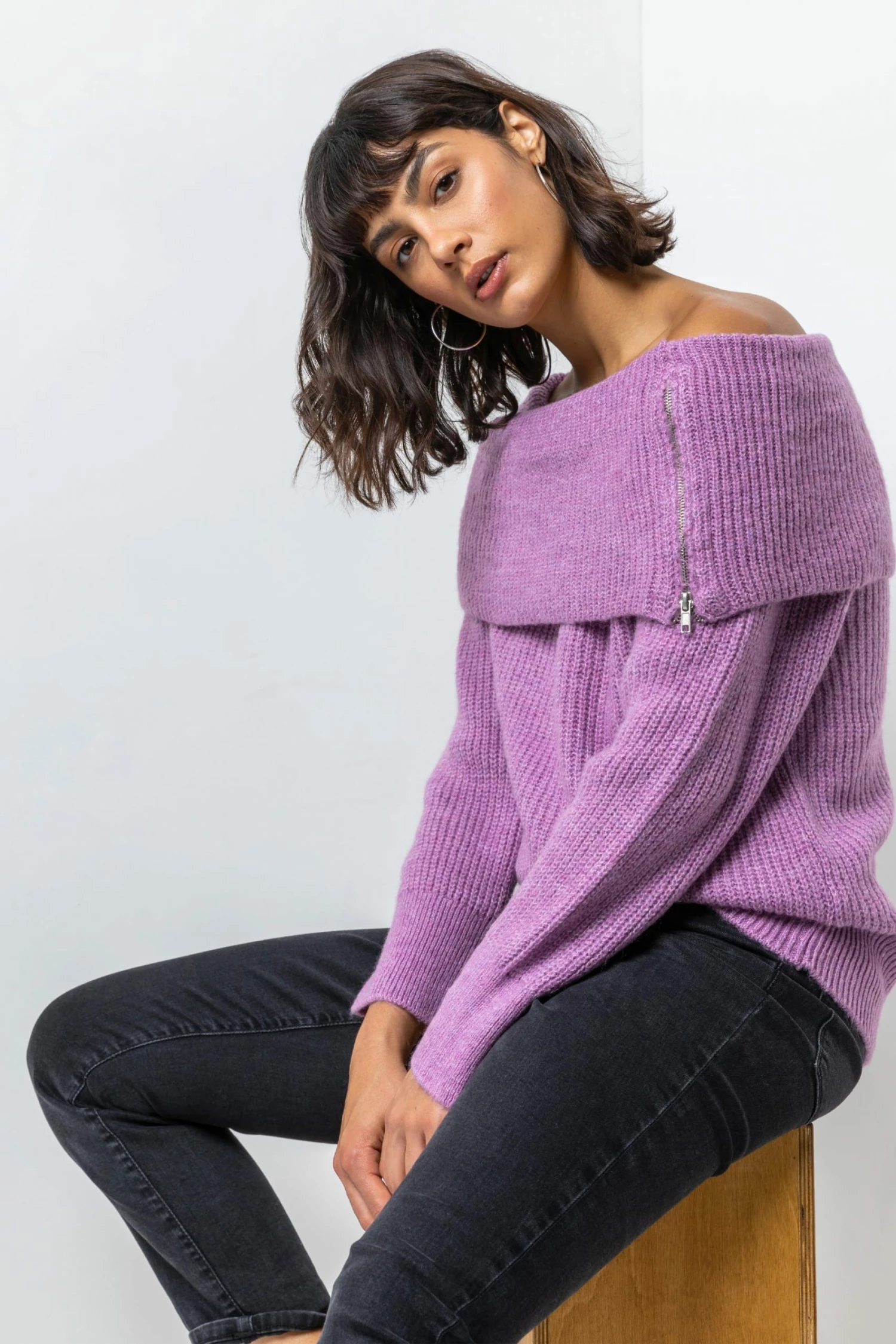Roman Purple Ribbed Bardot Zip Neck Jumper 6 Roman Purple Ribbed Bardot Zip Neck Jumper - Image 4