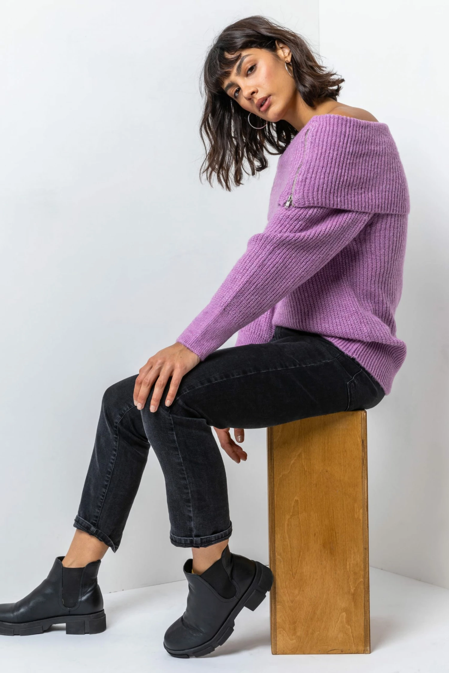 Roman Purple Ribbed Bardot Zip Neck Jumper 7 Roman Purple Ribbed Bardot Zip Neck Jumper - Image 5