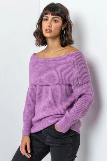 Roman Purple Ribbed Bardot Zip Neck Jumper 8 Roman Purple Ribbed Bardot Zip Neck Jumper - Image 6
