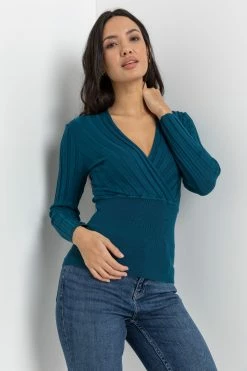 Roman Green Rib Front Wrap Jumper