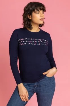 Roman Blue Ditsy Floral Embroidered Crew Neck Jumper