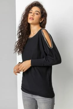 Roman Black Chain Embellished Cold Shoulder Jumper