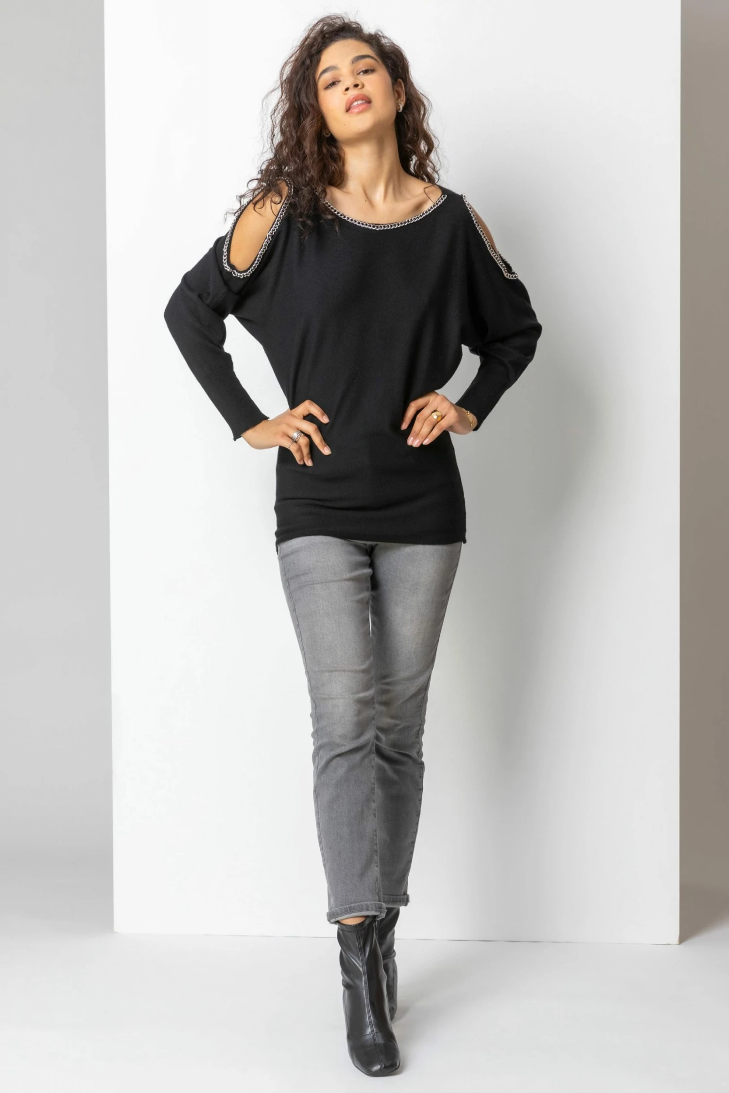 Roman Black Chain Embellished Cold Shoulder Jumper 4 Roman Black Chain Embellished Cold Shoulder Jumper - Image 2