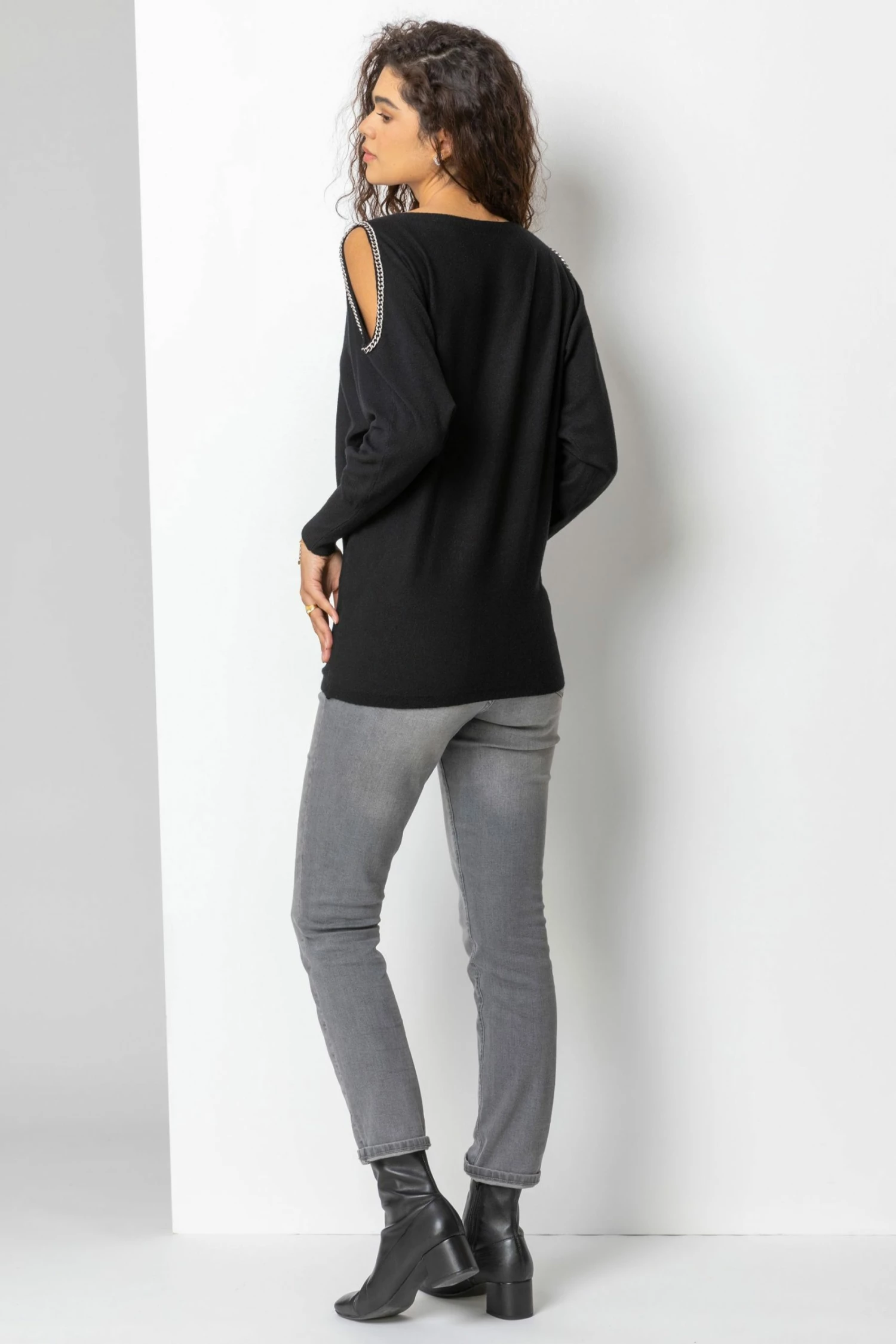 Roman Black Chain Embellished Cold Shoulder Jumper 5 Roman Black Chain Embellished Cold Shoulder Jumper - Image 3