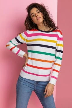 Roman White Stripe Print Crew Neck Jumper