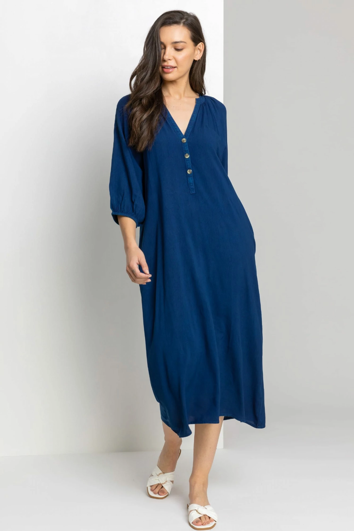 Roman Blue Buttoned Notch Neck A-Line Dress 4 Roman Blue Buttoned Notch Neck A-Line Dress - Image 2