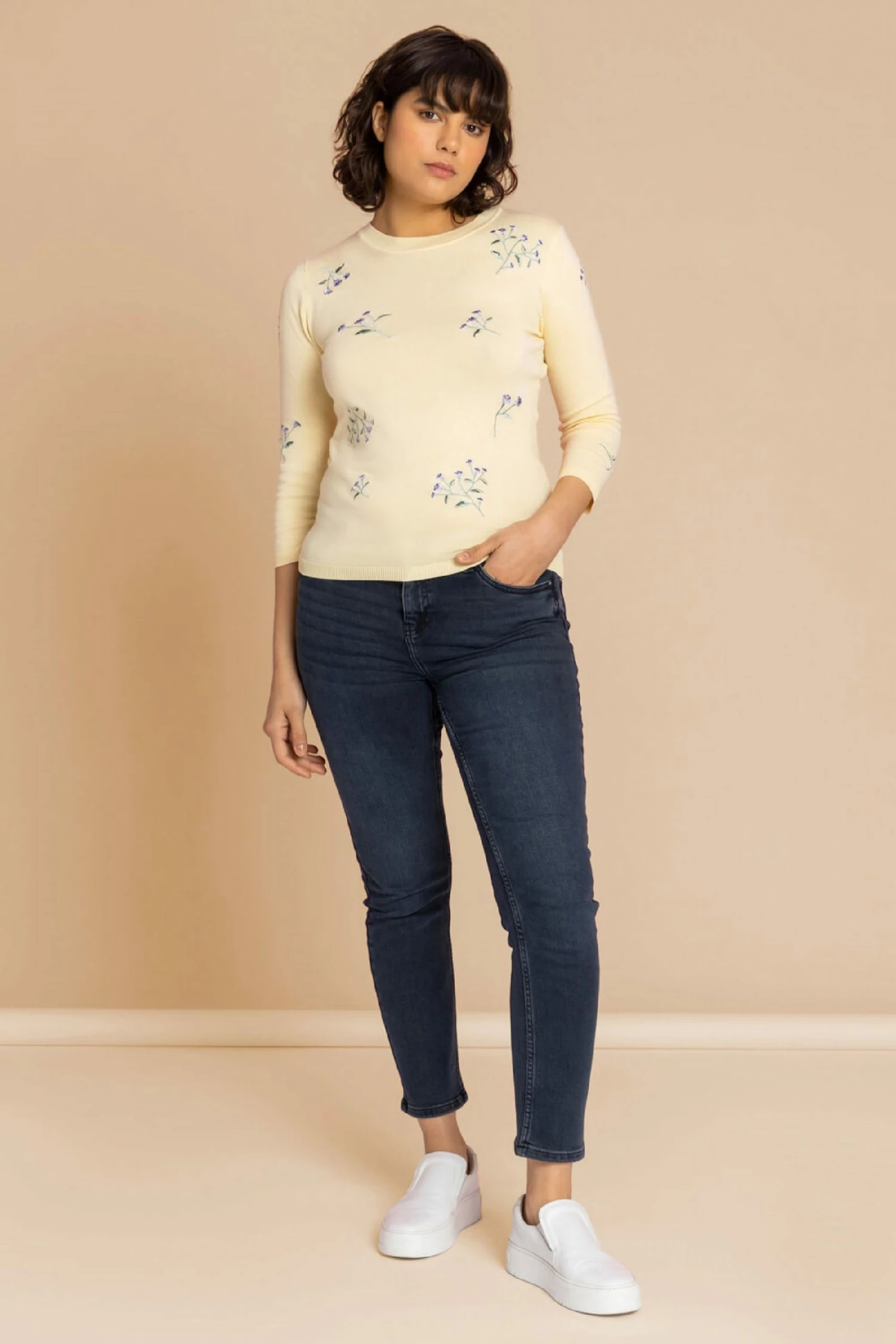 Roman Yellow Floral Embroidered Crew Neck Jumper 5 Roman Yellow Floral Embroidered Crew Neck Jumper - Image 3