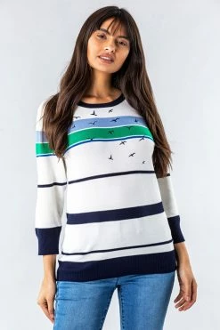 Roman Ivory Nautical Bird Embroidered Stripe Jumper