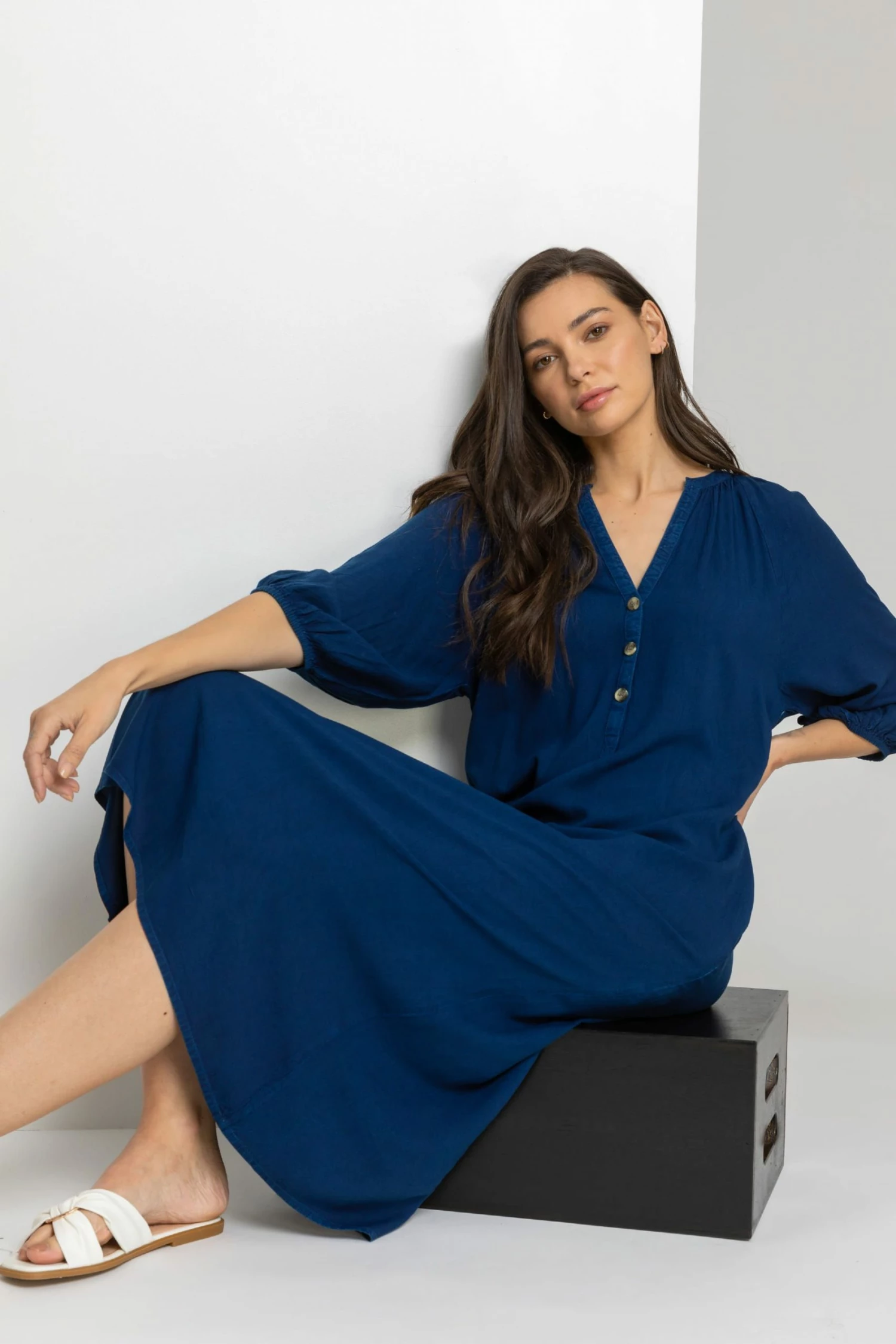 Roman Blue Buttoned Notch Neck A-Line Dress 6 Roman Blue Buttoned Notch Neck A-Line Dress - Image 4